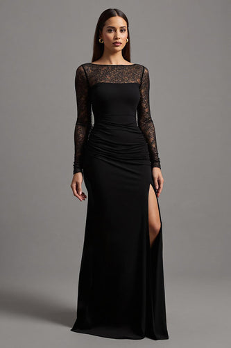 Black Illusion Neck Sheath Long Sleeves Formal Dress with Lace