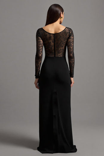 Black Illusion Neck Sheath Long Sleeves Formal Dress with Lace