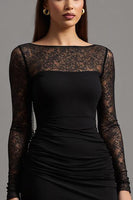 Load image into Gallery viewer, Black Illusion Neck Sheath Long Sleeves Formal Dress with Lace