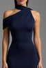 Load image into Gallery viewer, Navy Satin Sheath Asymmetrical Neck Long Formal Dress
