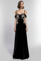 Load image into Gallery viewer, Black A Line Velvet Cold Shoulder Long Holiday Party Dress