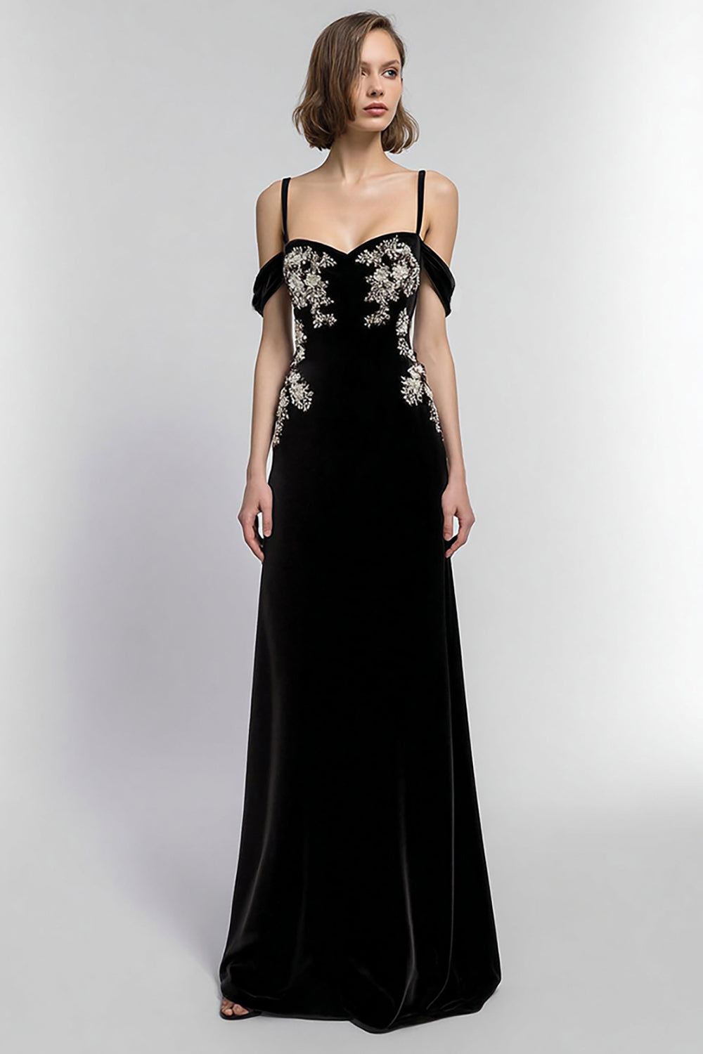 Black A Line Velvet Cold Shoulder Long Holiday Party Dress