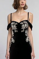 Load image into Gallery viewer, Black A Line Velvet Cold Shoulder Long Holiday Party Dress