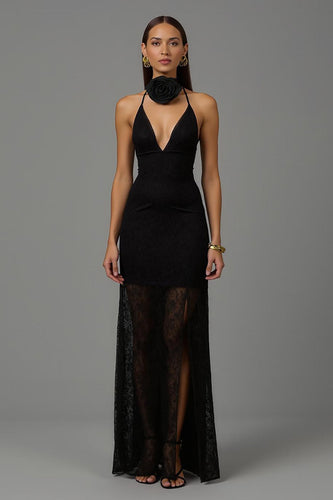 Black V Neck Sheath 3D Flowers Long Formal Dress with Lace