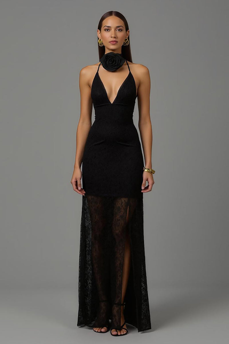 Load image into Gallery viewer, Black V Neck Sheath 3D Flowers Long Formal Dress with Lace
