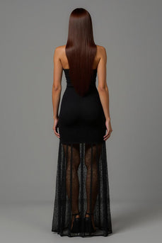 Black V Neck Sheath 3D Flowers Long Formal Dress with Lace