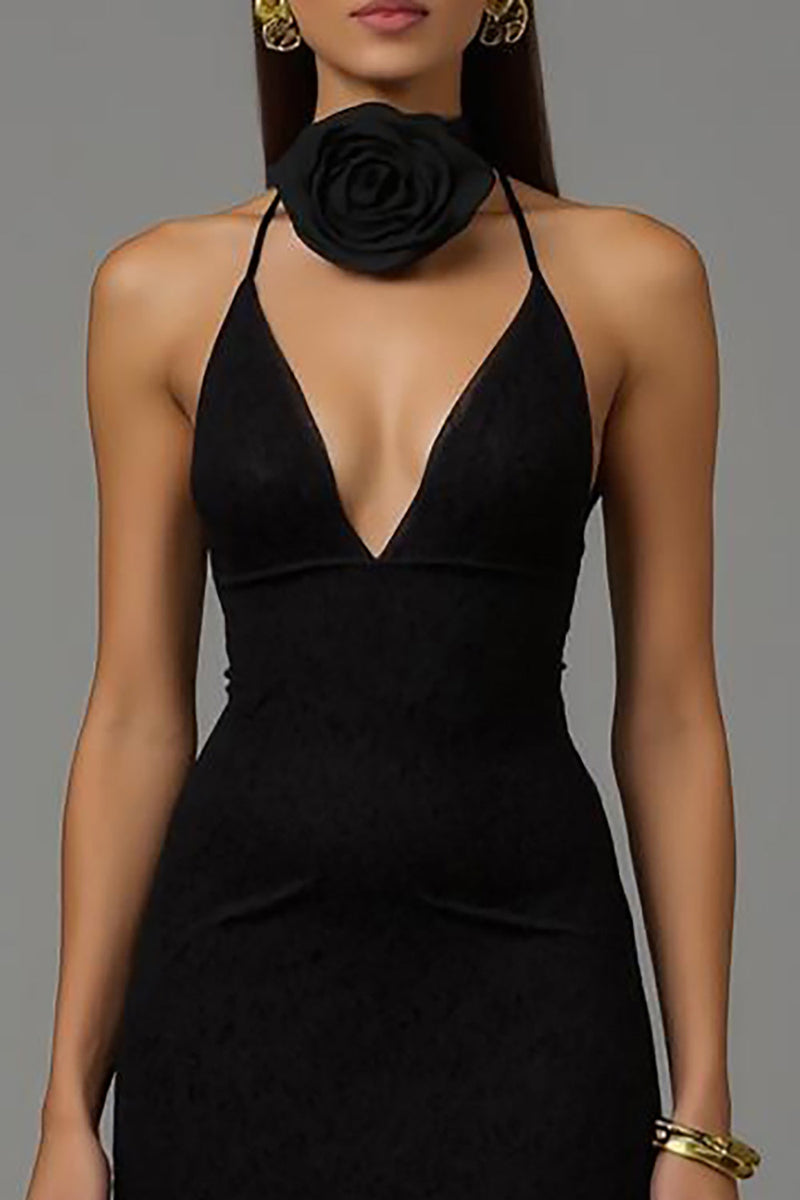 Load image into Gallery viewer, Black V Neck Sheath 3D Flowers Long Formal Dress with Lace
