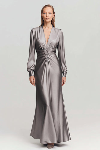 Grey Satin Ruched V Neck Long Formal Dress with Sleeves
