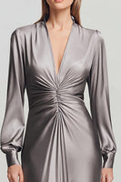 Load image into Gallery viewer, Grey Satin Ruched V Neck Long Formal Dress with Sleeves