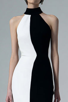 Black and White High Neck Sheath Long Formal Dress with Slit