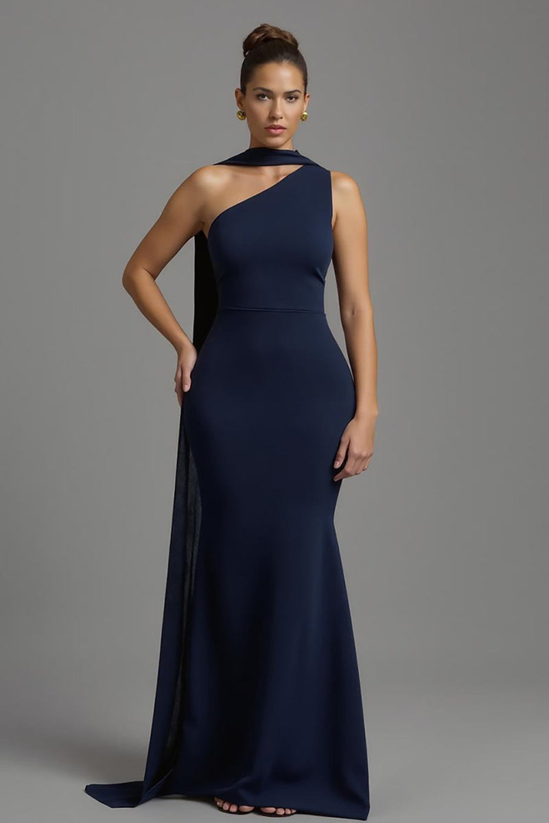Load image into Gallery viewer, Navy Satin Mermaid Neck Scarf Long Formal Dress