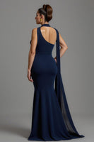 Load image into Gallery viewer, Navy Satin Mermaid Neck Scarf Long Formal Dress
