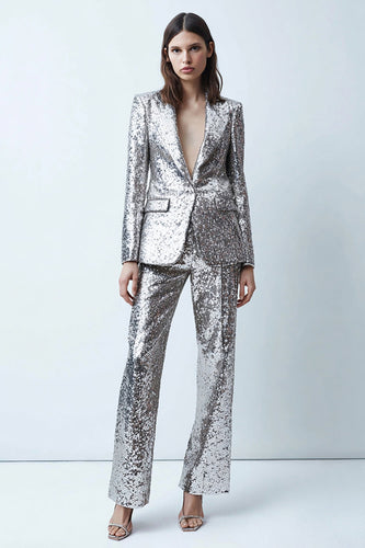 2 Piece Sparkly Silver Wide Leg Sequins Women Prom Suits