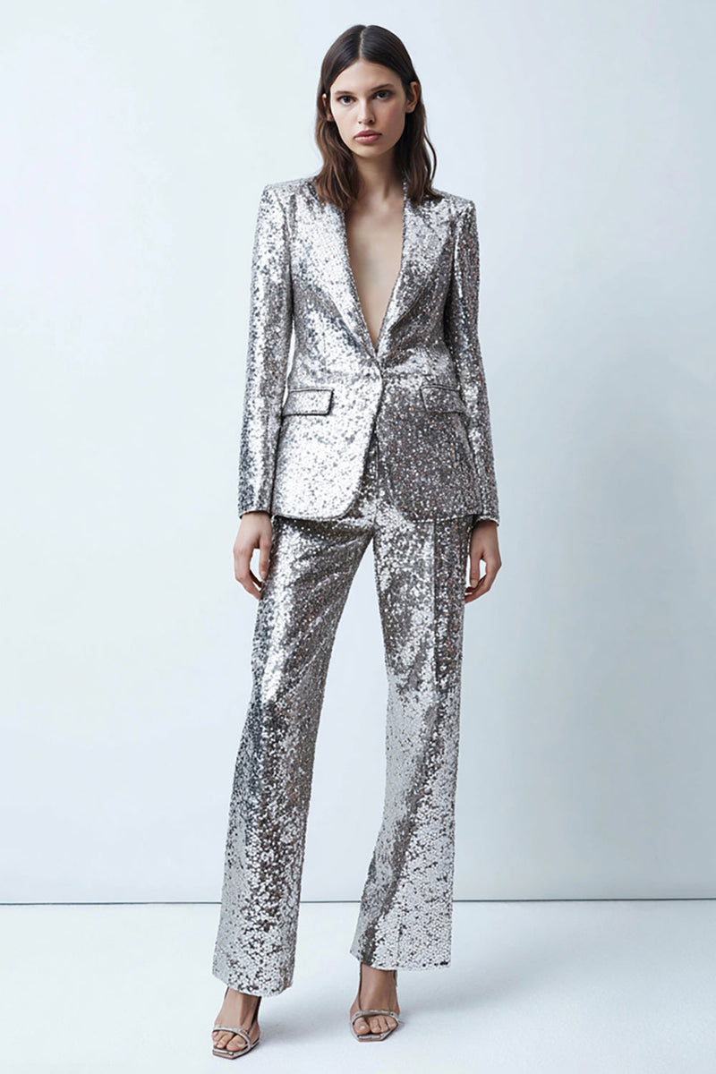 Load image into Gallery viewer, 2 Piece Sparkly Silver Wide Leg Sequins Women Prom Suits