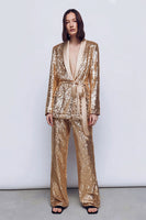 Load image into Gallery viewer, Sparkly Gold 2 Piece Sequins Women Prom Suits with Sash