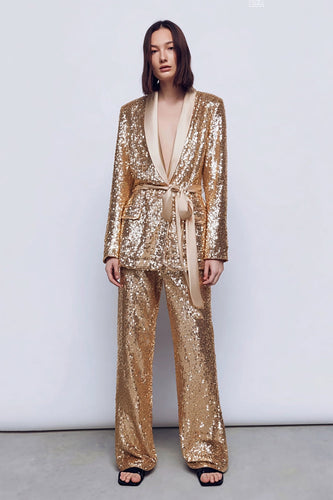 Sparkly Gold 2 Piece Sequins Women Prom Suits with Sash
