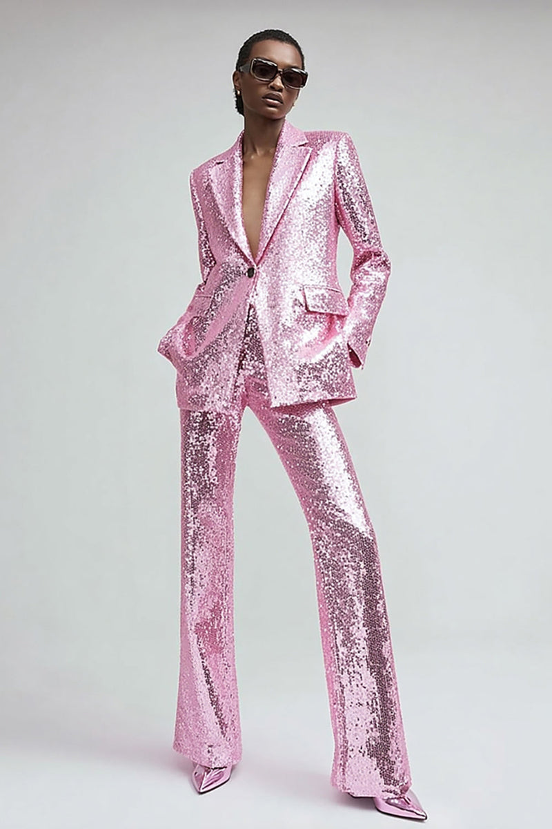 Load image into Gallery viewer, Sparkly Pink Sequins 2 Piece Women Prom Suits with Pockets