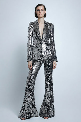 2 Piece Sequins Sparkly Silver Gray Women Prom Suits with Pockets