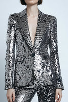 Load image into Gallery viewer, 2 Piece Sequins Sparkly Silver Gray Women Prom Suits with Pockets