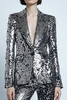 2 Piece Sequins Sparkly Silver Gray Women Prom Suits with Pockets