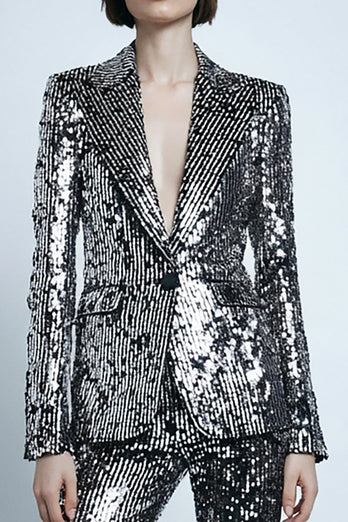 2 Piece Sequins Sparkly Silver Gray Women Prom Suits with Pockets