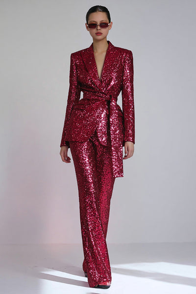 Sparkly Red Sequins 2 Piece Women Prom Suits with Sash
