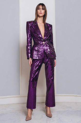 2 Piece Sequins Sparkly Dark Purple Women Prom Suits with Sleeves