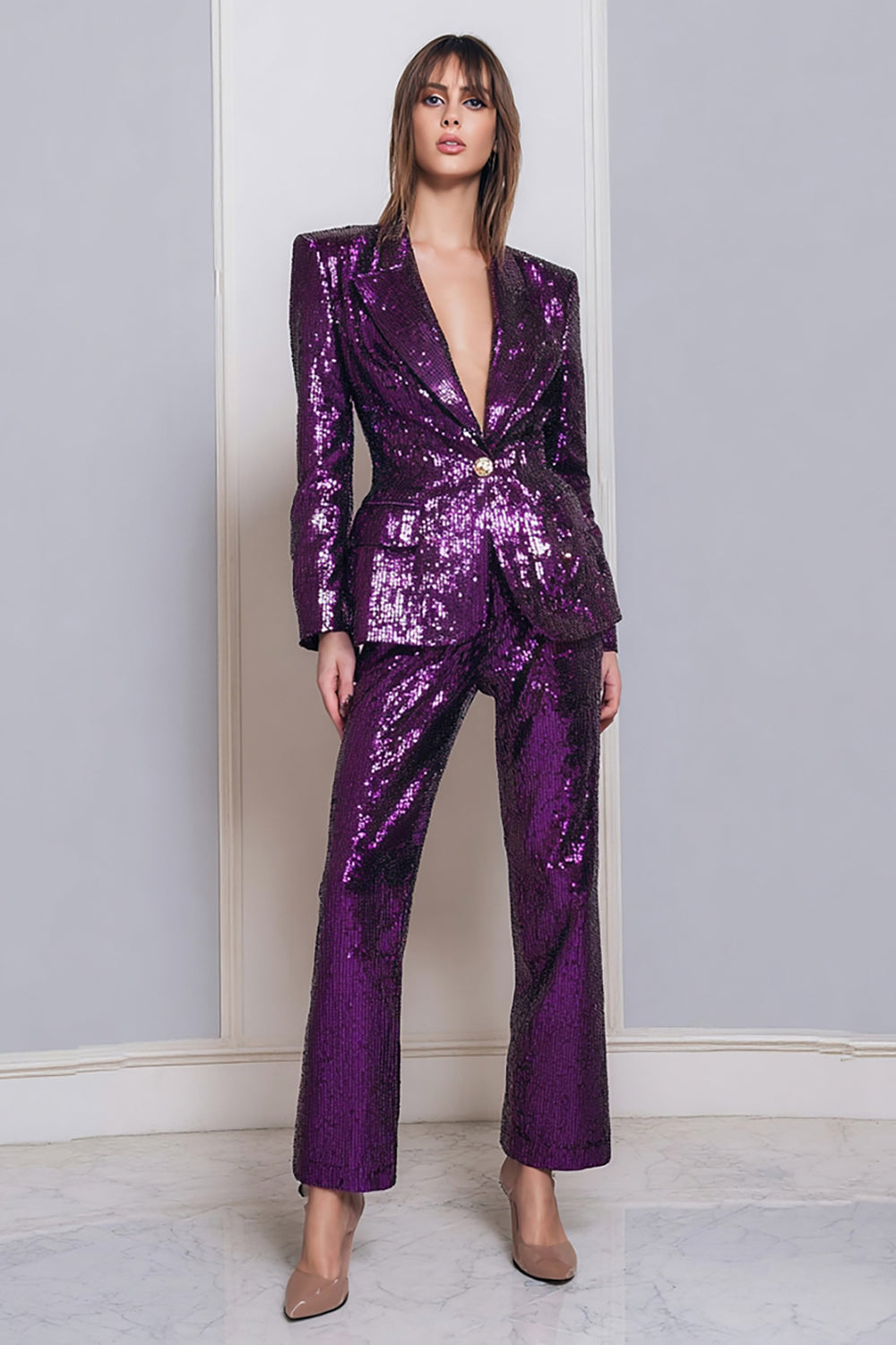 2 Piece Sequins Sparkly Dark Purple Women Prom Suits with Sleeves