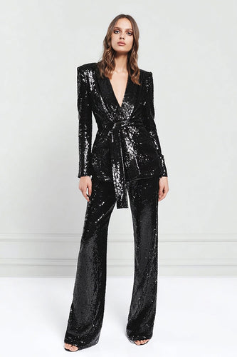 Sparkly Black 2 Piece Sequins Women Prom Suits with Sash