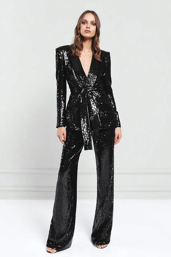 Sparkly Black 2 Piece Sequins Women Prom Suits with Sash