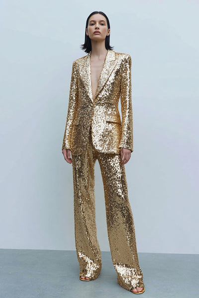 Women Sparkly Gold 2 Piece Women Prom Suits with Sleeves Sequins Single Breasted Notched Lapel Party Tuxedo with Pockets