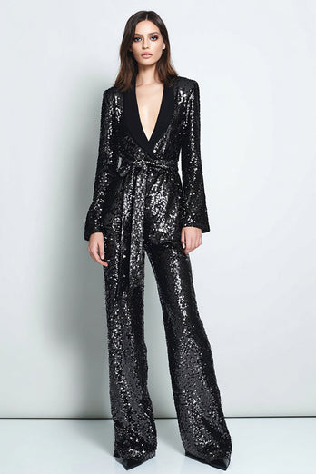 Sparkly Black Shawl Lapel Sequins 2 Piece Women Prom Suits