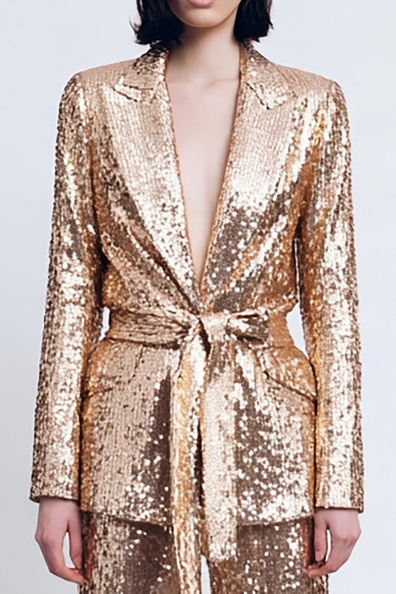 Load image into Gallery viewer, Sparkly Gold Sequins Peak Lapel 2 Piece Women Prom Suits