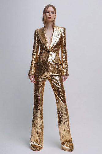 2 Piece Sparkly Gold Peak Lapel Sequins Women Prom Suits