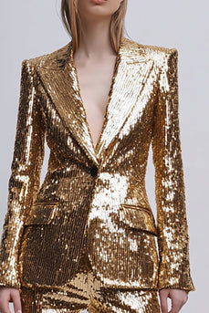 2 Piece Sparkly Gold Peak Lapel Sequins Women Prom Suits