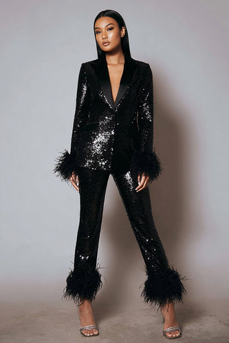 2 Piece Sparkly Sequins Black Women Prom Suits with Feathers