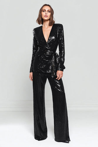 2 Piece Sparkly Sequins Black Women Prom Suits