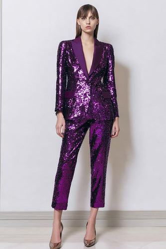 2 Piece Sparkly Dark Purple Women Sequins Prom Suits with Pockets