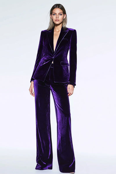 Queendancer Women 2 Piece Dark Purple Velvet Business Suits with Sleeves One Button Peak Lapel Work Suits with Pockets