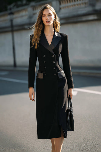 Black Double Breasted Pencil Midi Blazer Dress with Sleeves