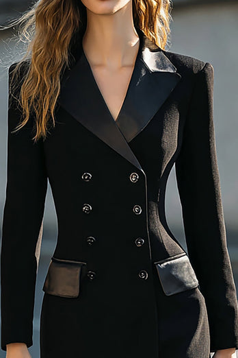 Black Double Breasted Pencil Midi Blazer Dress with Sleeves