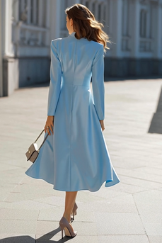 Sky Blue Satin Shawl Lapel A Line Midi Blazer Dress with Sleeves