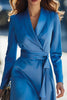 Load image into Gallery viewer, Blue Satin Shawl Lapel A Line Long Sleeves Blazer Dress with Sash