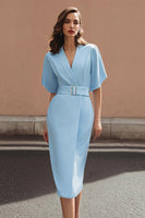 Load image into Gallery viewer, Sky Blue Sheath Satin Midi Work Dress with Sleeves