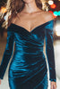 Load image into Gallery viewer, Peacock Blue Velvet Off the Shoulder Short Holiday Party Dress with Sleeves