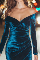Load image into Gallery viewer, Peacock Blue Velvet Off the Shoulder Short Holiday Party Dress with Sleeves