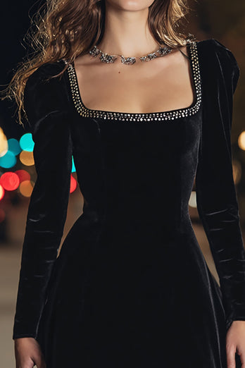 Sparkly Black Velvet Square Neck Tight Short Holiday Party Dress with Beading