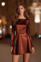 Load image into Gallery viewer, Coffee A Line Boat Neck Satin Short Cocktail Dress with Sleeves