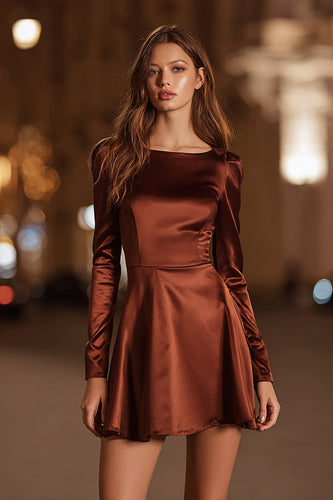 Coffee A Line Boat Neck Satin Short Cocktail Dress with Sleeves