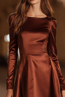 Coffee A Line Boat Neck Satin Short Cocktail Dress with Sleeves